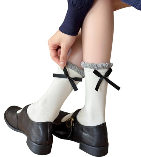 Image of Women's Bow Crew Socks - Cotton Sweet Lolita Dress Breathable Soft Girls' Socks - 3 Pairs