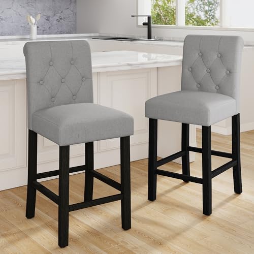 LSSBOUGHT 24 Inches Upholstered Counter Height Bar Stools Kitchen Island Chairs Padded Barstools with Button-Tufted Back and Solid Wood Legs Set of 2（Gray）