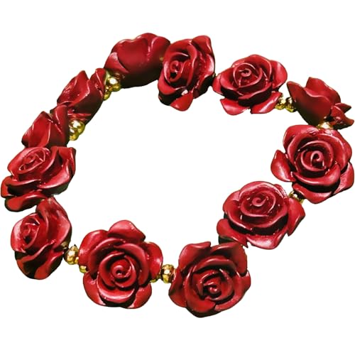 Vintage Rose Flower Bracelet Stretch Red Bracelets for Women Protection Lucky Love Classy Unique Adjustable Floral Bangle Jewelry Accessories Gift for Lady Girlfriend Wife Mom