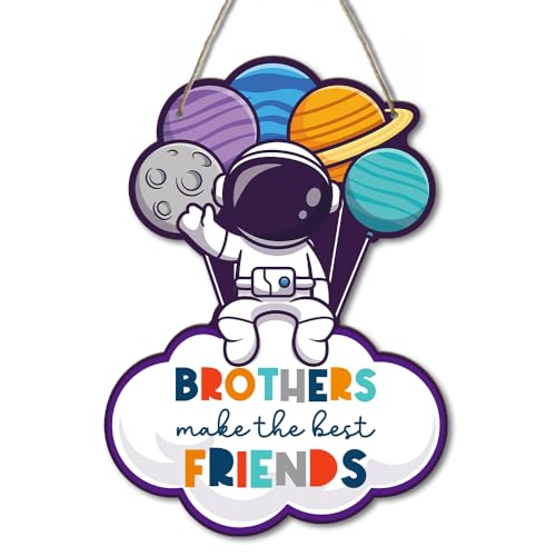 BSIKAIK Space Decor for Boys Room Space Themed Bedroom Signs Spacing Astronaut Door Sign Inspirational Quote Brothers Make the Best Friends Hanging Decoration for Boys Room Nursery Playroom Wall Decor