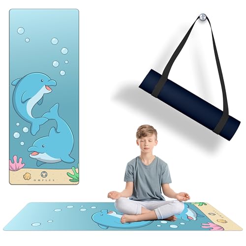 OMFLEX Kids Yoga/Exercise Mats – Premium Non-Slip Mats with Fun Prints for Kids Ages 5-13 – Dolphins, Car, and Supergirl Designs – Includes Carrying Strap – SGS & CE Certified, PVC-Free (Dolphin)