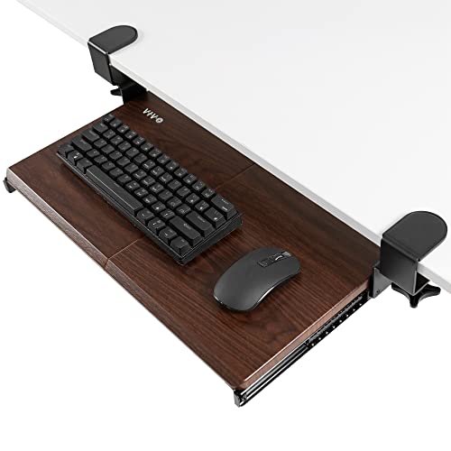 Image of VIVO Small Keyboard Tray, Under Desk Pull Out with Extra Sturdy C Clamp Mount System, 20 (26 Including Clamps) x 11 inch Slide-Out Platform Drawer, Dark Walnut Top, Black Frame, MOUNT-KB05ES-D | Keyboard Tray for Typing, Slide Out Platform, Extra Sturdy C-Clamp Mount System, Computer Drawer, Black Frame