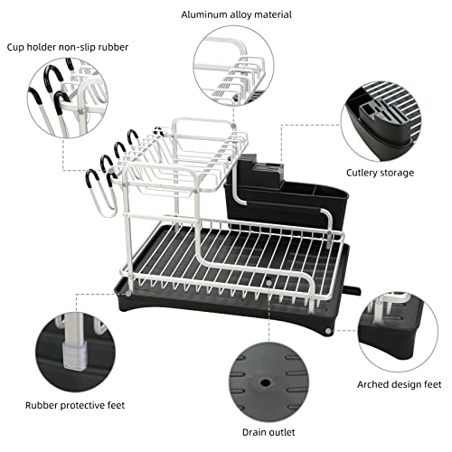 Ikayaa 2-Tier Dish Drying Rack, Dish Rack And Drainboard Set With Swivel Spout, With Cup Holder, Premium Aluminum, For Small Kitchen Countertop, Black Tray + Silver Frame #TOP4