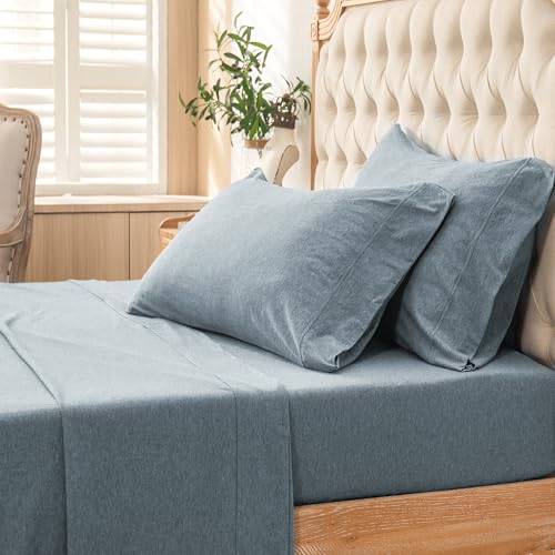 PURE ERA Jersey Knit 4pc Bed Sheet Set 100% T-Shirt Cotton Super Soft Comfy Breathable Fits Mattress Up to 20" Extra Deep Pocket (Heather Blueish Grey, Queen)