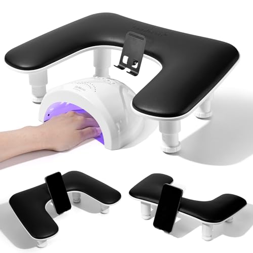 Image of Arm Rest for Nails Tech: 3rd Generation Manicure Nail Arm Rest with Rotating Phone Stand, U-Shaped Height Adjustable Hand Rest Pillow for Acrylic Nails Black