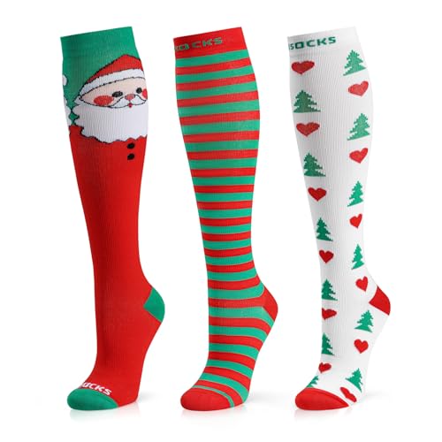 Image of Medical Compression Socks for Women and Men 3 Pairs 20-30 mmHg Knee High Christmas Compression Stockings Circulation Best for Running Athletic Nurses