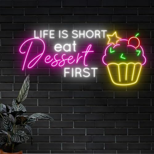 Image of Life Is Short Eat Dessert First Neon Sign, Dessert Cake Store Wall Decor, Cupcake Bakery Led Lights, Strawberry Cake, Tea & Cake Shop, Restaurant Gaming Hotel Shop Club Restaurant, Family Party