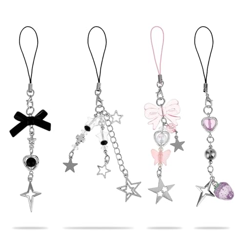 GEEHUA 4 Lindos Charms para Celular, Juego de Charms para Celular, Fresa Rosa, Mariposa, Estrella, Lindo Encanto para Teléfono, Accesorios para Funda de Celular, Llavero, Decoración de Cámara