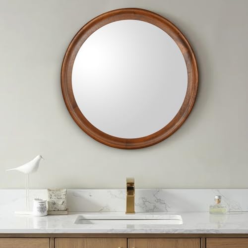 Wiowur WIOWUR-CO Round Wood Mirror For Wall,24 Inch Circle Decorative Mirror With Walnut Frame,Rustic Bathroom Hanging Vanity Mirror thumb #2