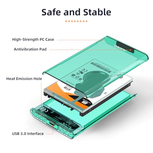 MAIWO External Hard Drive Enclosure for 7mm 9.5mm 2.5 inch SATA SSD/HDD, 5Gbps USB C to SATA Adapter Storage Case, 6TB Capacity (Green)