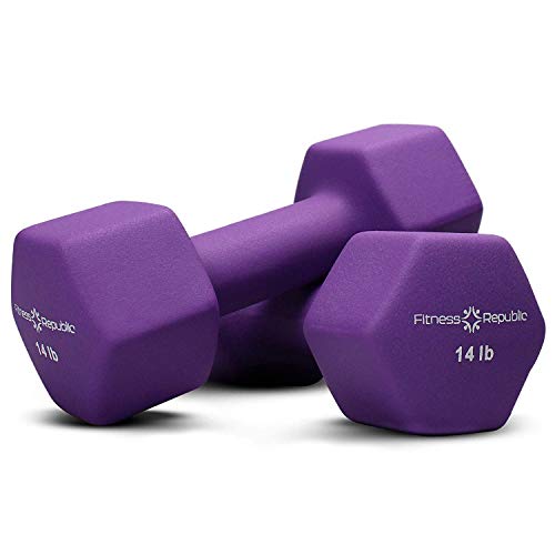 Fitness Republic Neoprene Weights Dumbbells Set, Hand Weights for Women Dumbells, 14 lb Weights Non-Slip, Hex Shape, Free Weight Dumbbell Sets for Strength Building, Weight Loss, 14lb Dark Purple