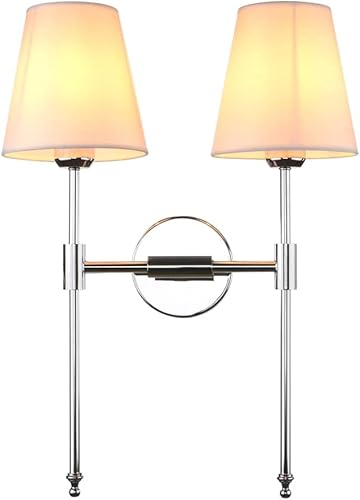 PERMO Aplique clásico rústico doble de 2 luces de pared con pantalla de tela blanca acampanada (cromo)
