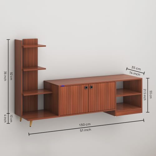 Image of Anikaa Moracca Engineered Wood Floor Standing Modern TV Unit with Side Shelves and 2-Door Cabinet & Open Storage Box Up to 43 inch Entertainment Units | for Living Room | Walnut Finish | DIY-Installation