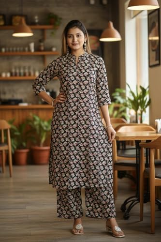 Image of Women's Cotton A-Line Kurta Palazzo Set | Printed Ethnic Co-Ord Set for Office Wear & Festive Look | Comfortable Breathable Fabric Kurti Pant Set for Women