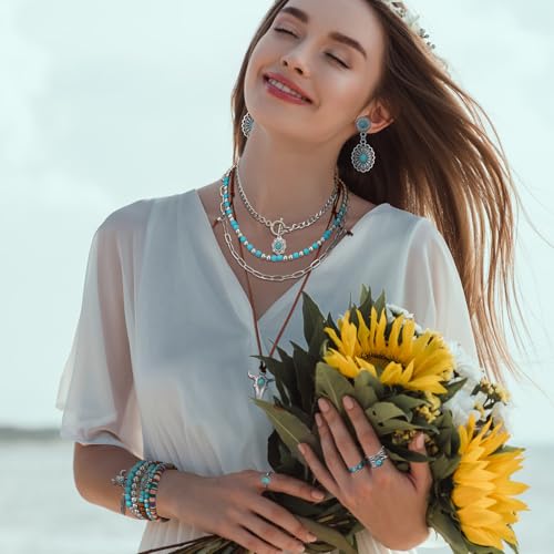 Image of Ecally Bohemian Western Jewelry Turquoise Set Women Country Pendant Long Choker Layered Bracelets Earrings Ring for Women