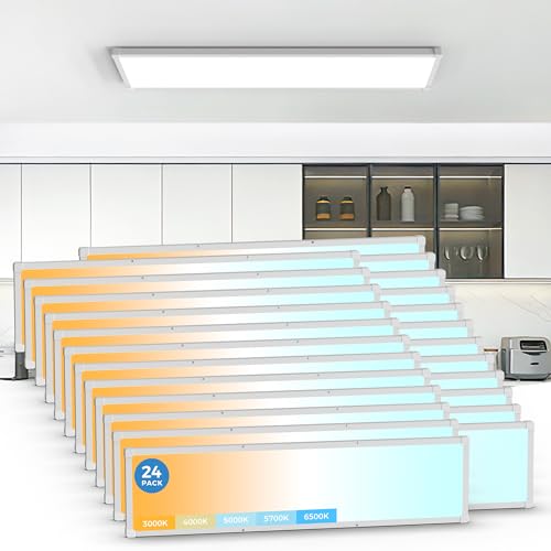 1x4 LED Flat Panel Light Surface Mount, 1 Ft. by 4 Ft. LED Ceiling Light Fixture, with Protection Corner,6500 Lumens,Dimmable,Switchable 5CCT 3000K-6500K & 5 Wattage 30W-50W, White, 24 Pack