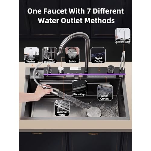 Image of Digital Kitchen Sink with 5-Piano Switch|304 Grade Stainless Steel Sink with Waterfall&Pull-down Faucet|LED Digital Display & RO Tap|360 Pull-out Faucet|Hot & Cold Control Handwheel (30x18x9 Inch)