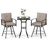 Tangkula 3 Pieces Patio Swivel Bar Set, Outdoor Metal Bar Table and Chairs Set with Soft Cushions and 1.57” Umbrella Hole, Counter Height Patio Bistro Set with Armrests for Lawn, Garden (Brown)