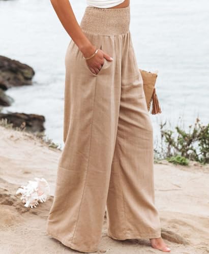 Sufficientn Palazzo Pants, Women's Smocked Waist Wide Leg Palazzo Pants, Leg High Waisted Lounge Linen with Pockets4