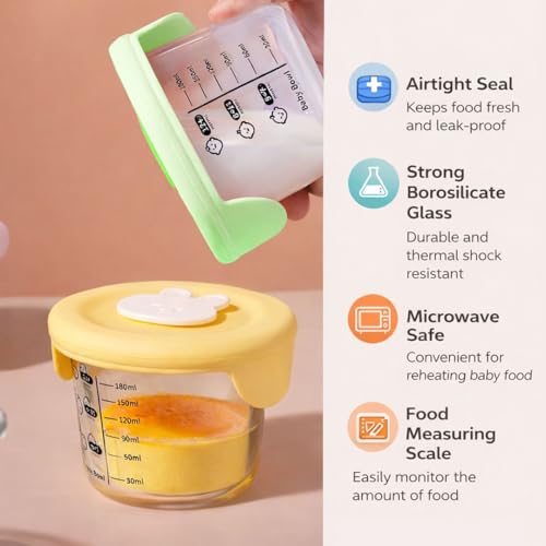 Image of Rioware Smart Lock Glass Food Storage Containers Set of 2 (180ml Each) | Borosilicate Glass | Airtight & Leak-Proof Lid | Microwave, Freezer & Dishwasher Safe | Baby Food Storage Bowl with Measurement