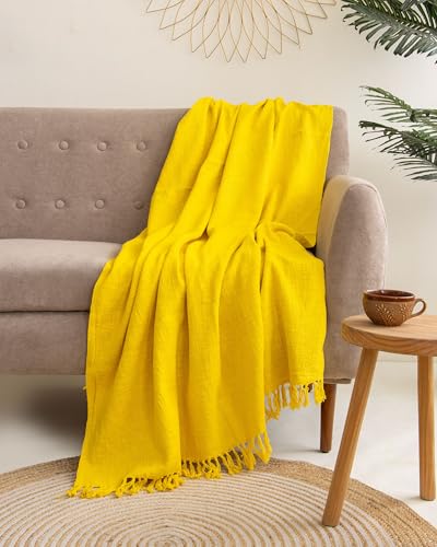 Image of Cotton Throw Handmade Sofa Blanket - Soft & Cozy 50X60 Inches, Premium Cotton, Lightweight & Stylish for Sofa, Bed, Living Room, Bedroom - Elegant Home Decor (Yellow)