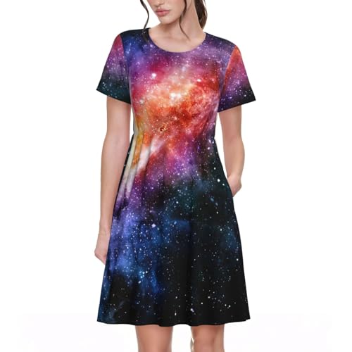 Robe à manches courtes galaxie pour femme chic et décontractée au quotidien