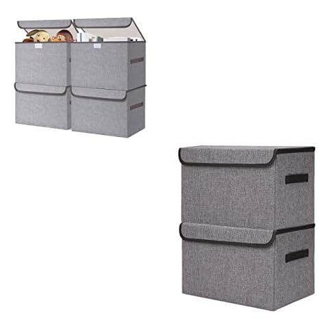Bagnizer Large Linen Fabric Foldable Storage Bin Cube Organizer Basket with Flip-Top Lid & Handles, Large Clothes Blanket Box for Home, Office, Closet, 4 Pack Cover