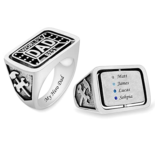 Yitub Custom World's Best Dad Ring With 1-8 Names Birthstones Personalized Mens Family Ring For Dad Champion Ring For Fathers Day Birthday Anniversary Christmas (4 Names & 4 Stones) #TOP6