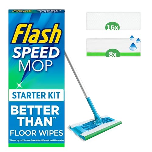 Flash Speedmop Floor Cleaner Starter Kit, Fast Easy and Hygienic (1 Handle, 8 Wet plus 16 Dry Refills), Trap and Lock Daily Dirt, Grease and Grime Without Getting Down On Your Knees