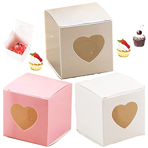 WEIWUXIAN Mini Cajas para Cupcakes, 30Pcs Cajas para Tartas de Papel, Cajas para Tartas de Papel, Caja de Papel Hueca en Forma de Corazón para Cupcakes, Contenedores Individuales (Rosa, Blanco, Gris) Cover