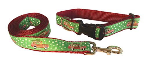 Preston Christmas Wagon Dog Collar and Leash Set for The Holidays – Station Wagons with Christmas Trees and Snowflakes on Green Ribbon with Red Nylon Webbing (Small)