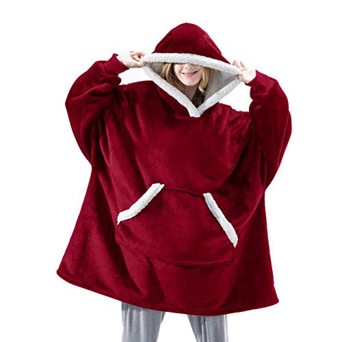 Shamdon Home Collection Sweat à Capuche Couverture Pull Capuchon Sherpa Peluche à Manches TV Plaid Couvertures Adulte Femme Homme Unisexe Rouge