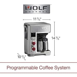 WOLF GOURMET Programmable Coffee Maker System with 10 Cup Thermal Carafe, Built-In Grounds Scale, Removable Reservoir, Red Knob, Stainless Steel (WGCM100S) WOLF GOURMET Programmable Coffee Maker System with 10 Cup Thermal Carafe Built In Grounds Scale Removable Reservoir Red Knob Stainless Steel WGCM100S