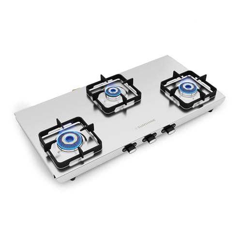 Image of Sunshine Curvv 3 Burner | High Premium Stainless Steel Gas Stove | 2MM Stainless Steel | 5 Year Warranty On Body & Burner | Manual Ignition | LPG Ready & PNG Compatible (Classic - Silver)