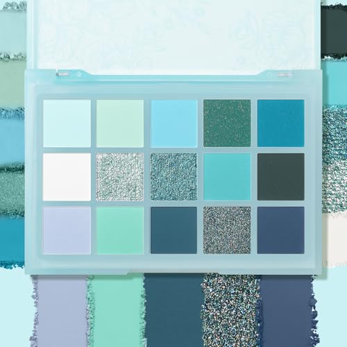 Image of UCANBE 15 Color Eyeshadow Palette - Shimmer Matte Glitter Metallic Cool Tones Shades in White, Blue, Green, Mint, Teal, Navy - High Pigemented Blendable Eye Makeup Palette Kit
