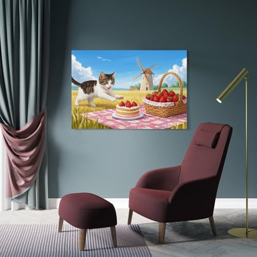 Tableau chat pique-nique impression sur toile 40x60 cm pour déco murale