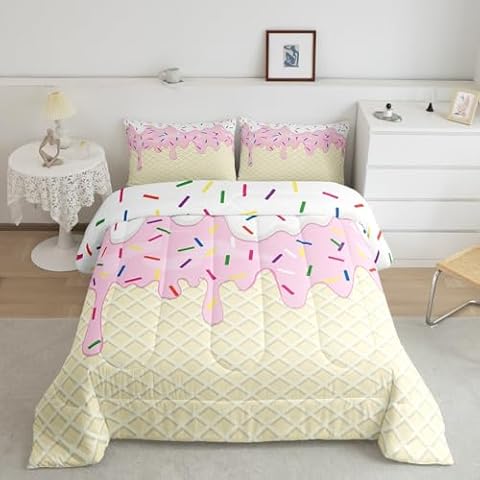 Homewish Girls Ice Cream Twin Size Comforter Set,Kids Pink White Cream Cake Decor All Season Bedding Set,Teens Colorful Candy Comforter,Children Desserts Decor Quilt Set Bedroom Collection 2Pcs Cover