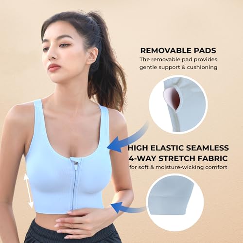 Image of PLUMBURY Women's Seamless Padded Full Coverage Front Zip Cross Back Sports Bra, Size S to XL