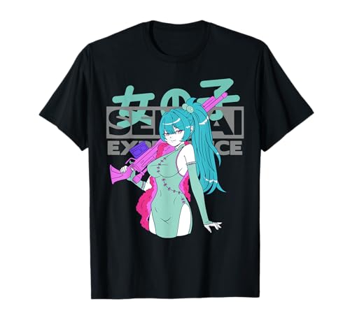 Waifu Anime Girl T-Shirt with Sniper Rifle and Blue Hair