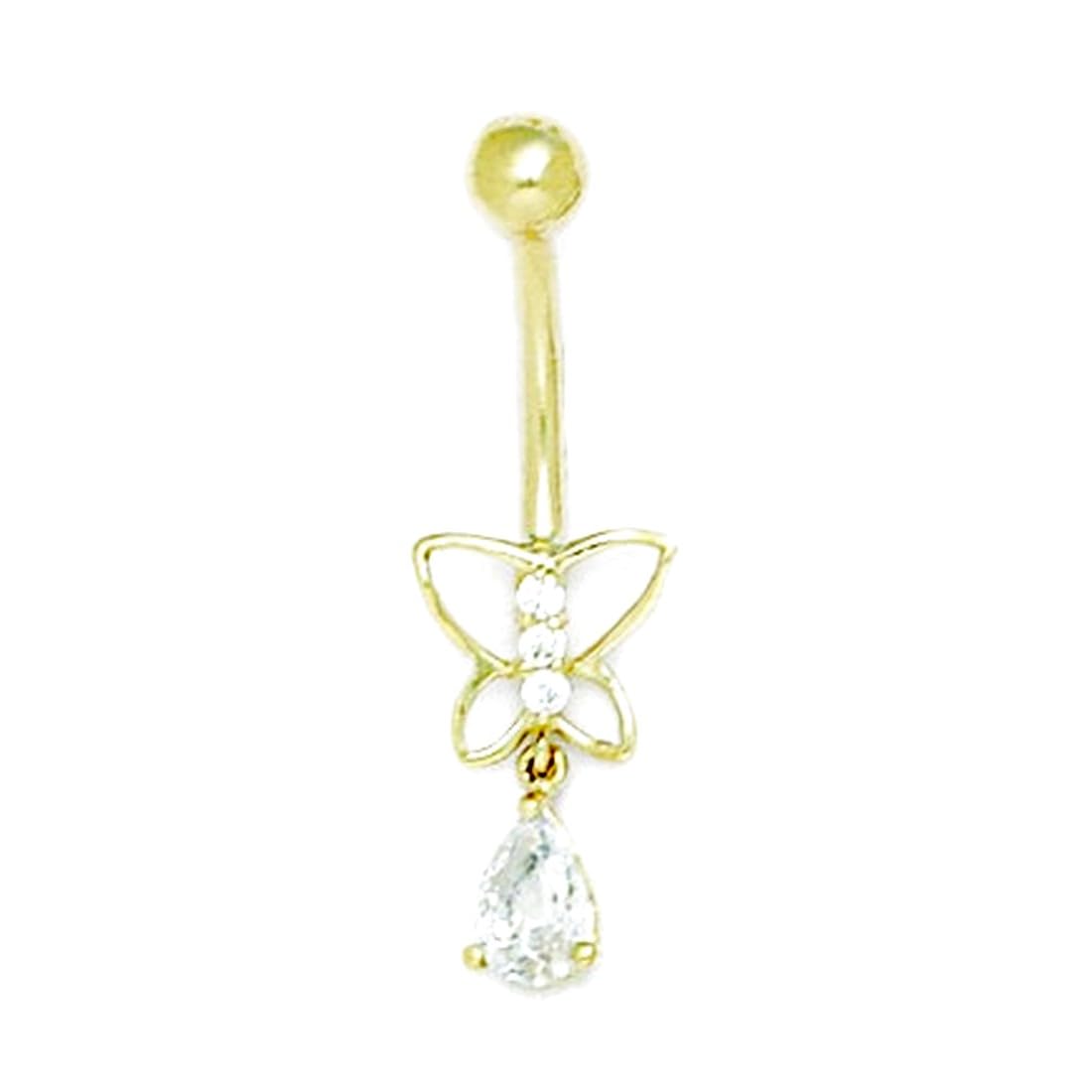 Bauchnabelring aus 14 Karat Gelbgold, Zirkonia, künstlicher Diamant, 14 Gauge, Buttrefly-Design, Maße: 30 x 9 mm, Schmuck-Geschenke für Frauen, Metall, Zirkonia