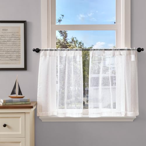 TOPICK Lot de 2 rideaux brise-bise semi-transparents en lin - Style maison de campagne - 60 x 65 cm (H x l) - Avec passe-tringle - Aspect lin - Pour cuisine,...