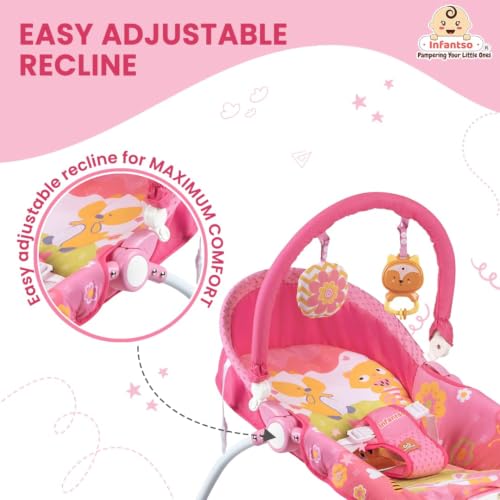 Image of INFANTSO Baby Rocker & Bouncer for 0 to 2 Years, Portable Chair for Newborn with Mosquito Net, Calming Vibrations, Soft Music & Hanging Toys, Adjustable Toddler Swing (Pink)