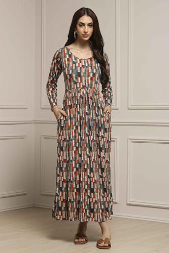 Image of BIBA Women Cotton Blend Flared Printed Dress