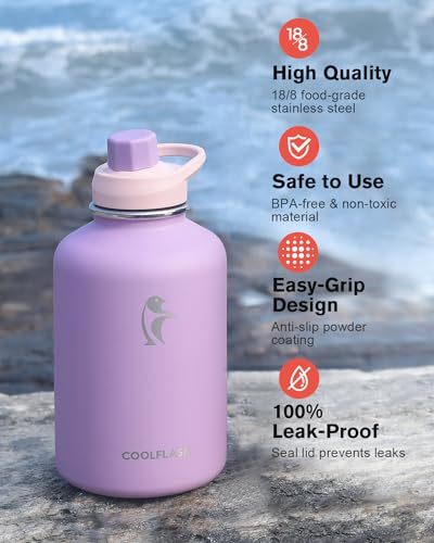 Image of Coolflask 64 oz Water Bottle Insulated with PU Leather Sleeve & 3 Lids