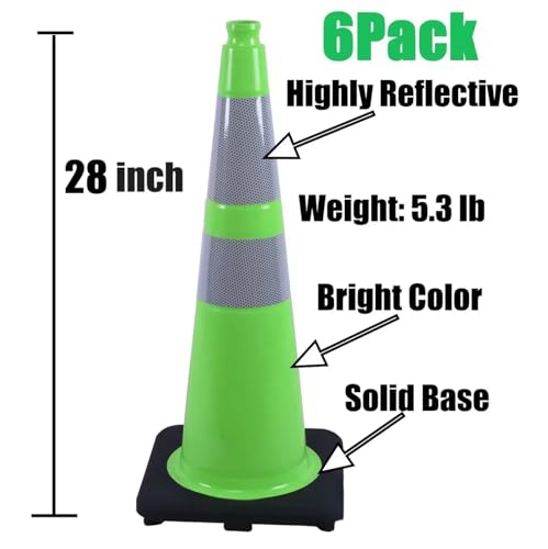 BESEA Cones de trânsito verdes de 71 cm com coleira refletiva de 15,24 cm para uso em casa, garagem,