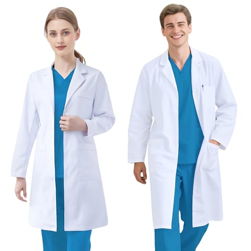 FAHAKO Blouse Chimie Lycee Blouse Blanche Coton Femme Homme Blouse Laboratoire Blouse Blanche Chimie Lycee Manche Longue Blouse Médicale avec 3 Poche Bouton pour Scientifique Infirmier Etudiant, S