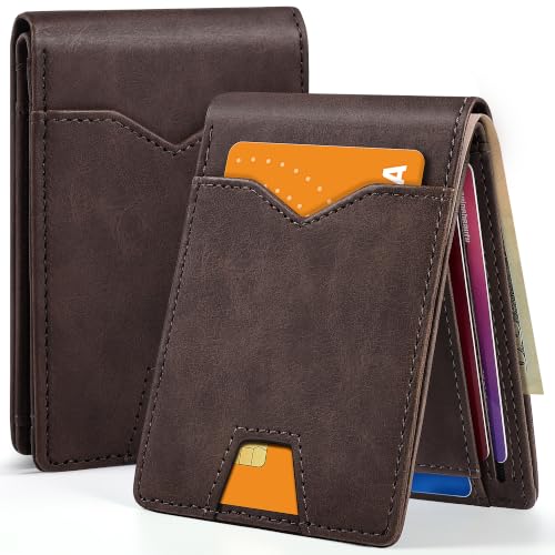 XZVXZV Man Slim Wallet Leather with Money RFID Blocking Front Pocket Minimalist Bifold Wallet Thin Credit Card Holder (Dark Coffee)
