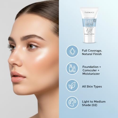 FARMASi BB Cream Beauty Balm, Tinted Moisturizer with SPF 15, Lightweight Matte Finish, Buildable Coverage Face Makeup, 1.7 fl oz, 02 Light to Medium