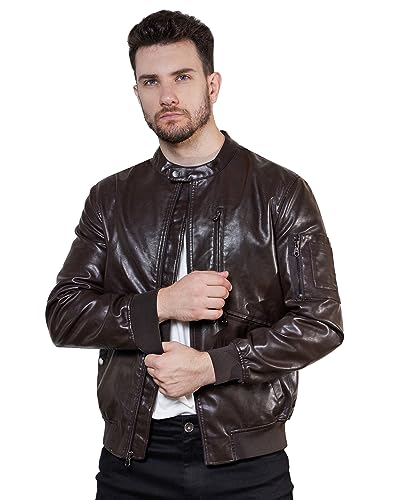 WULFUL Men's Faux Leather Jacket Stand Collar Lightweight Bomber Jacket4