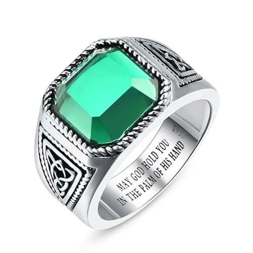 BONLAVIEGEM Vintage Green Emerald Rings for Men 925 Mens Sterling Silver Ring Celtic Mens Cocktail Rings Mens Simulated Emerald Ring Pinky Thumb Ring Band for Dad Father Jewelry Gift Size 10